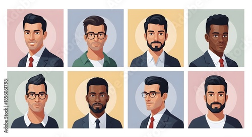 Diverse Collection of Businessmen Portraits with Different Hair Styles and Facial Hair Wearing Suits and Ties Representing Professional and Corporate Headshots on Background