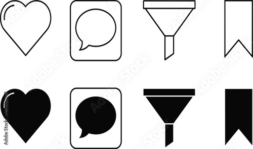 Social media interface icon set featuring heart like chat bubble comment funnel filter and bookmark save button vectors