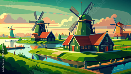 Very beautiful view of traditional windmills at Zaanse Schans, framed by green fields and waterways, offering a timeless glimpse into classic Dutch rural life and historic craftsmanship.