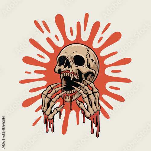 Bleeding Skull Illustration Surrounded by Red Spikes.