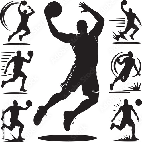 Dynamic basketball player actions in various poses and movements