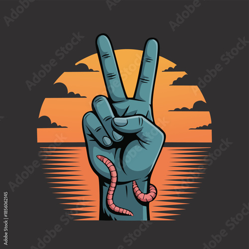 Blue hand showing peace sign gesture.