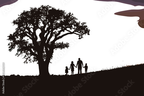 Family silhouette under tree at sunset, parents and children holding hands, nature landscape, love togetherness concept, vector illustration art design