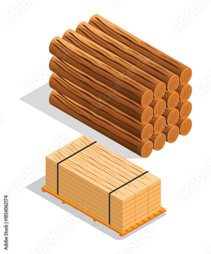 Stacked Lumber and Logs on White Background Keywords: wood, lumber, logs, timber, construction