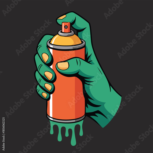 Green Gloved Hand Holding Spray Paint Can.
