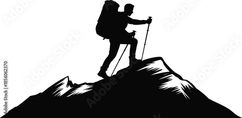Mountain hiker silhouette climbing peak, backpacker trekking summit adventure, outdoor exploration hiking travel concept, black vector illustration isolated white background