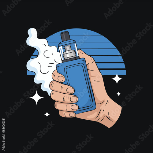 Hand Holding Blue Vape Mod Device Close Up.
