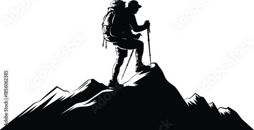 Mountain hiker silhouette climbing peak, backpacker trekking summit adventure, outdoor exploration, hiking travel concept, black vector illustration isolated white background
