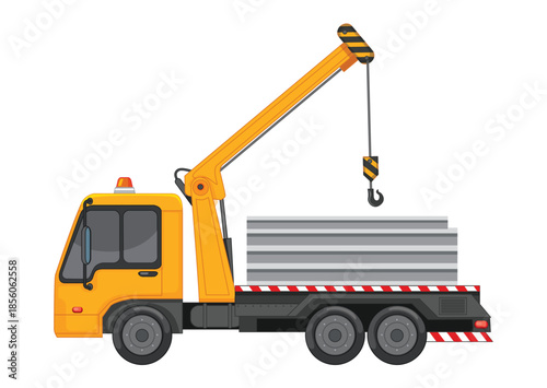 Yellow Crane Truck Carrying Metal Sheets yellow truck