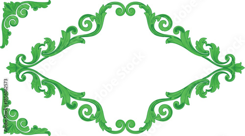 Ornate green floral frame decorative vintage baroque border elegant scroll leaves isolated white background design vector illustration classic ornamental symmetry