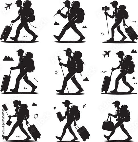Travelers and hikers with luggage and gear in various poses isolated