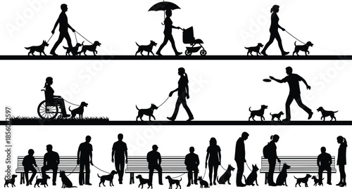 People silhouettes walking dogs in park scenes, families strolling, dog walkers, benches, outdoor activities, black vector illustration isolated white background