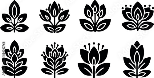 Black floral ornamental vector icons with symmetrical leaf and petal designs for decorative purposes 