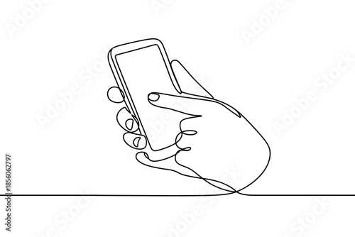 A single line drawing of a hand holding a smartphone and touching the screen.