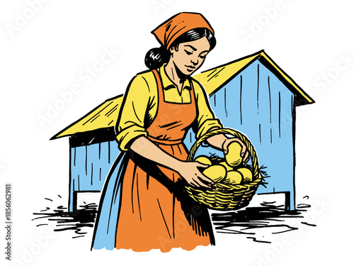 Retro Comic Illustration of Farm Woman Holding a Basket of Harvested Eggs or Produce by a Rustic Barn or Chicken Coop.