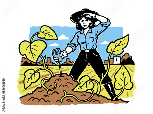 Female Farmer Uses Digital Soil Meter to Check Ground Conditions for Optimal Crop Growth. Sustainable Agriculture and Precision Farming Illustration.