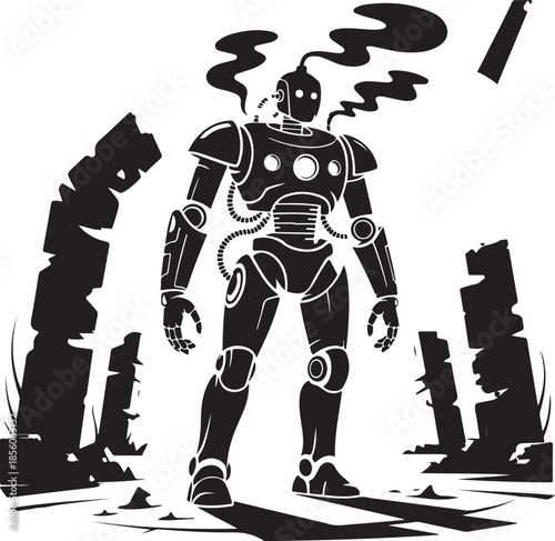 Vintage robot standing in a futuristic ruined landscape illustration