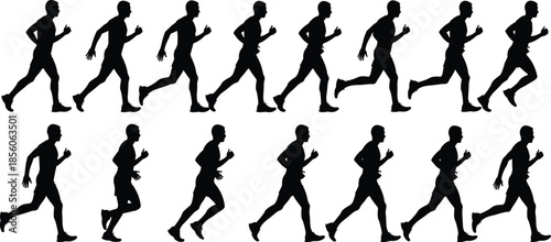Male running silhouettes, athletic joggers, fitness training vector illustration set on white background collection sport people