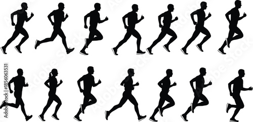 Running silhouettes, jogging athletes, fitness people, sport training vector illustration set on white background collection series