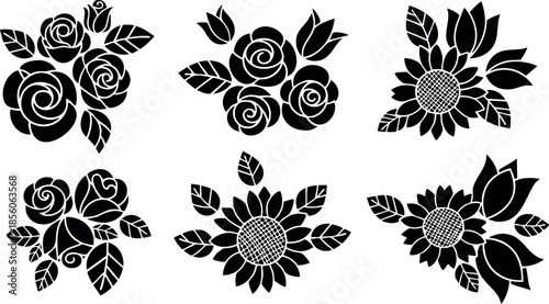 Black silhouette floral vector set with roses and sunflowers in various compositions 