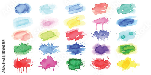 A collection of colorful watercolor paint strokes and splashes on a white background