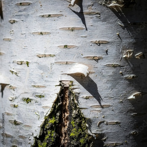 White Birch Bark Texture with Mossy Crevice and Deep Shadow