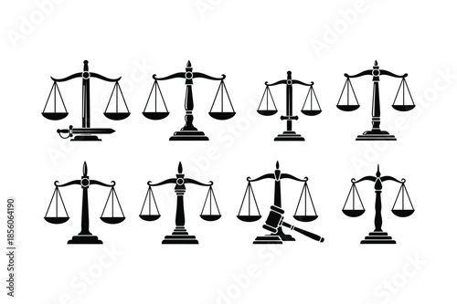 Justice Scales Vector Set Law, Legal System, and Courthouse Symbols in Flat Silhouette Style