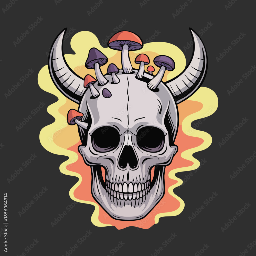 Fototapeta premium Skull with horns and mushrooms graphic illustration.
