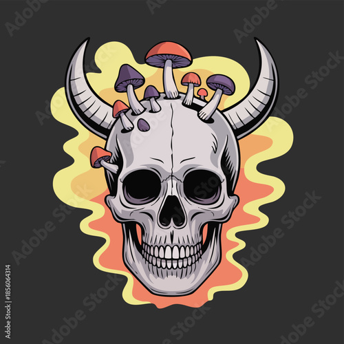 Skull with horns and mushrooms graphic illustration.