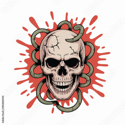 Skull with Snake Wrapped Around It Illustration.
