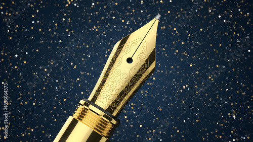 Luxury gold fountain pen nib closeup against starry night sky