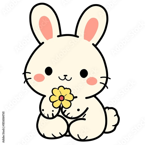 A cute kawaii style bunny illustration sitting and holding a star-shaped cookie. The design features soft pastel colors, rounded shapes, and a warm cozy background that creates a sweet and gentle mood