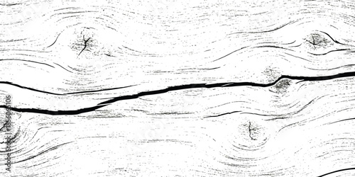 Aged wood grain texture with prominent crack and knots in black and white high contrast