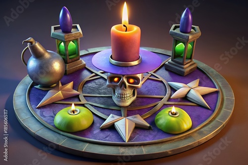 Mystical altar setup with skull, candles and lanterns for dark magic ritual