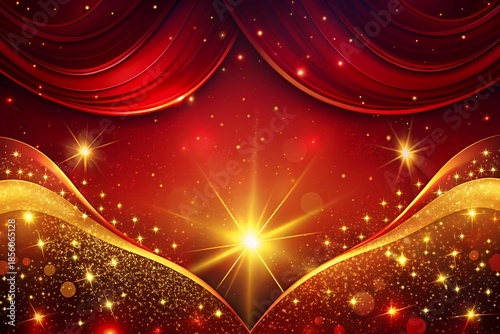 Vibrant red and gold abstract background with sparkling lights and stars