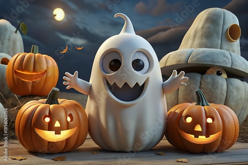 Friendly ghost and jack-o-lanterns on a spooky night