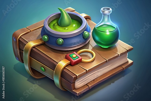 Magical ancient tome with bubbling potion and mystical artifacts on leather bound book