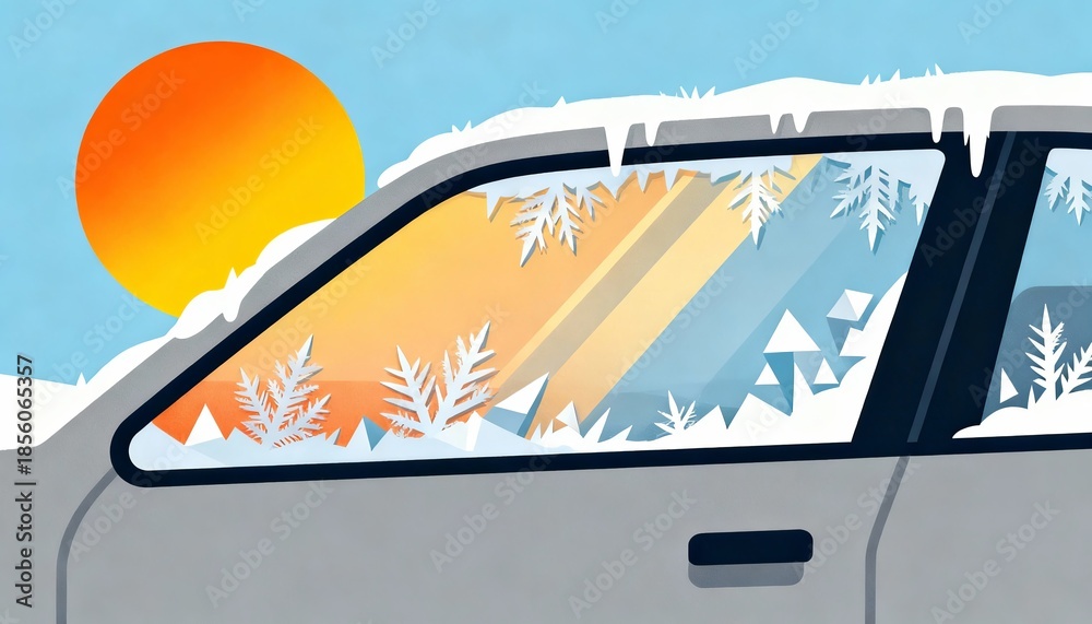 Obraz premium A colorful illustration of a snowy car window with frost patterns, showcasing a sunset in the background, symbolizing winter's beauty and chill.