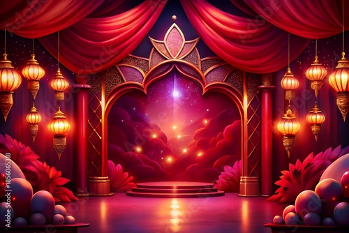 Vibrant stage with red curtains and lanterns for a magical performance