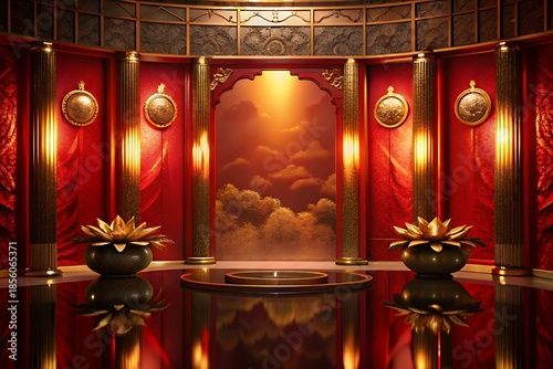 Golden luxury interior with red walls and cloudy sky backdrop