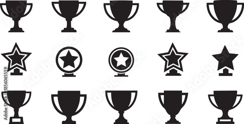 Collection of black trophies and star awards arranged in three rows on a white background