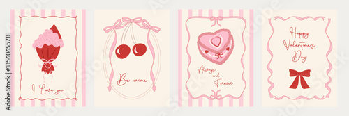 A set of vintage frames with elegant ribbons and bows for Valentine's Day. Hand drawn heart shaped cake and a bouquet of roses. Template for posters, banners, and wedding invitations. 