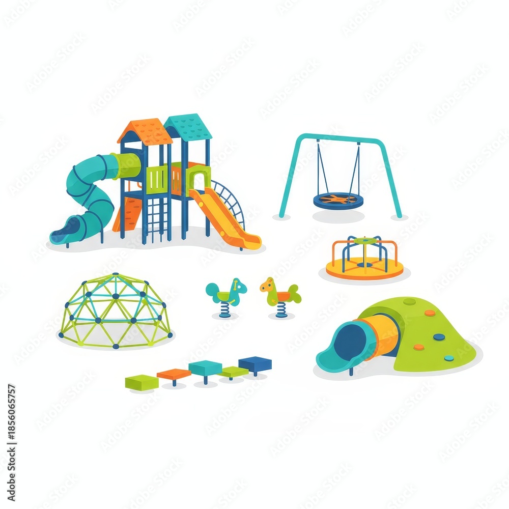 Naklejka premium A colorful children's playground featuring slides, swings, climbing structures, and interactive play elements designed for outdoor fun.