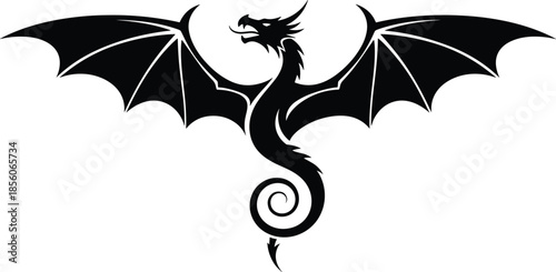 Black dragon silhouette with wings, fantasy mythical creature icon, gothic tattoo logo design, vector illustration, isolated white background, art symbol