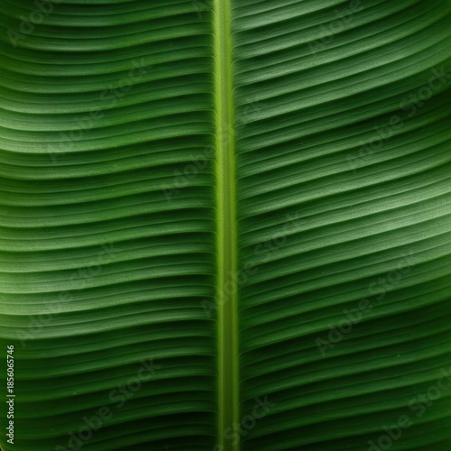 Vibrant Green Tropical Leaf Texture Background with Midrib Detail