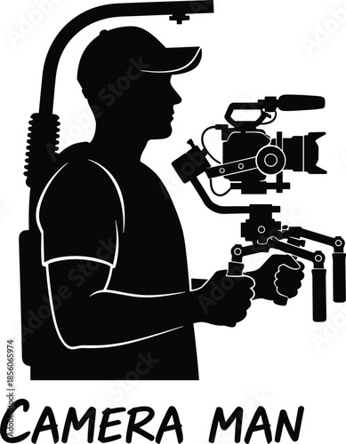 Cameraman silhouette operating professional video camera rig, filmmaking production concept, videography equipment icon, media crew illustration, isolated white background