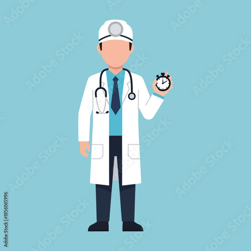 A doctor in a white lab coat holding a stopwatch against a blue background