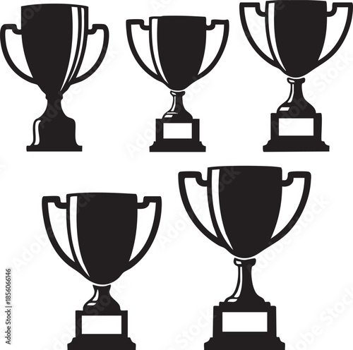 Five black trophy cups with handles and bases on a white background