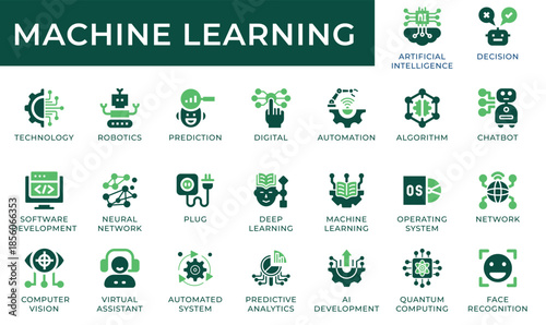 Machine Learning and Automation Icon Set. Vector Glyph Icons for Robotics and Artificial Intelligence Technology.