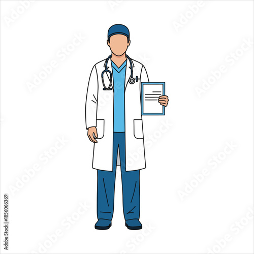 Medical professional in white lab coat holding a document in a clinical setting